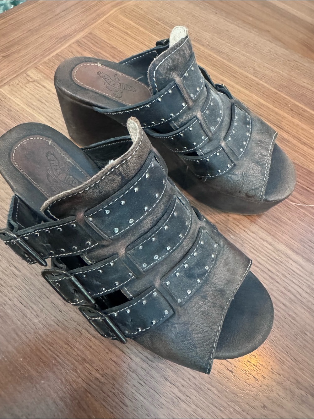 Freebird by Steven Black/Brown Studded Leather Buckle Mules